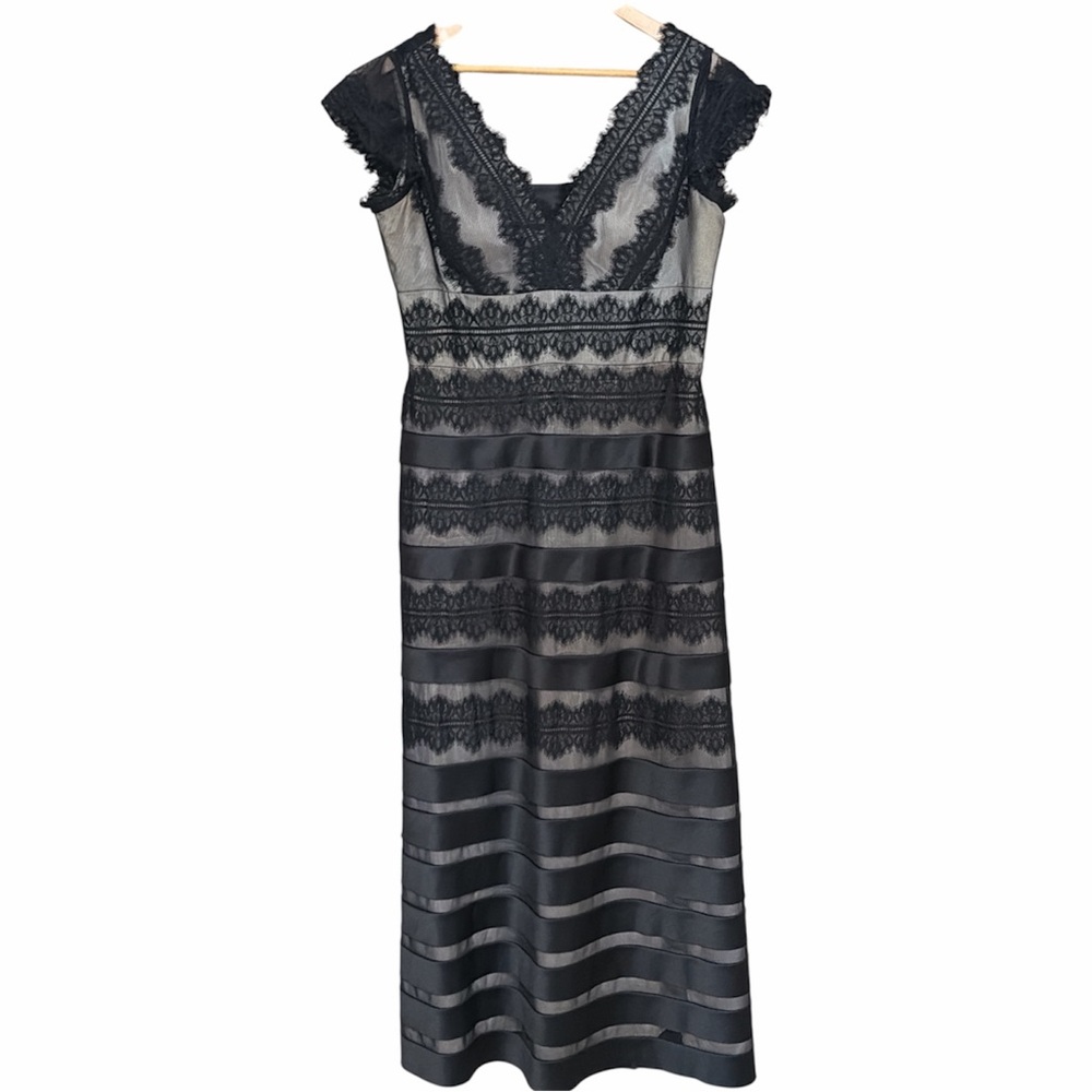 JS Collections Black Beige Satin Overlay Mesh Lace Stripe Gown/Party Dress SZ 14